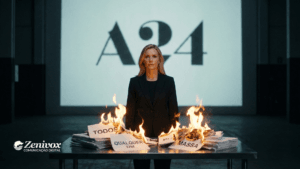 Empresária em frente ao logo do Estúdio A24 queimando pilhas de papéis com os termos “todos”, “qualquer um” e “massa”, simbolizando a decisão estratégica de nichar o público-alvo para gerar clareza e posicionamento.