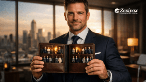 Empresário segurando uma carteira aberta com miniaturas de pessoas representando uma carteira de clientes estratégica construída do zero em ambiente corporativo.