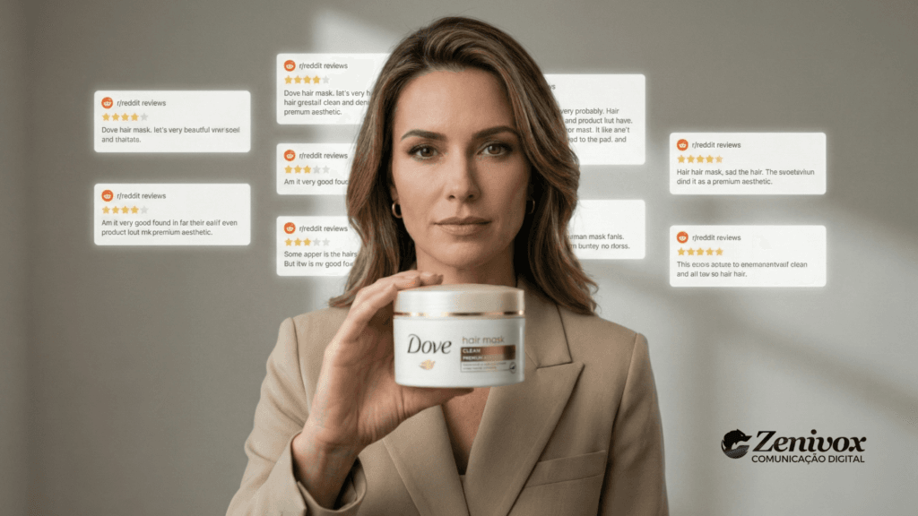 Mulher segurando produto Dove com avaliações ao fundo representando Provas Sociais e reposicionamento de marca com credibilidade