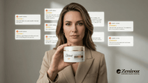 Mulher segurando produto Dove com avaliações ao fundo representando Provas Sociais e reposicionamento de marca com credibilidade