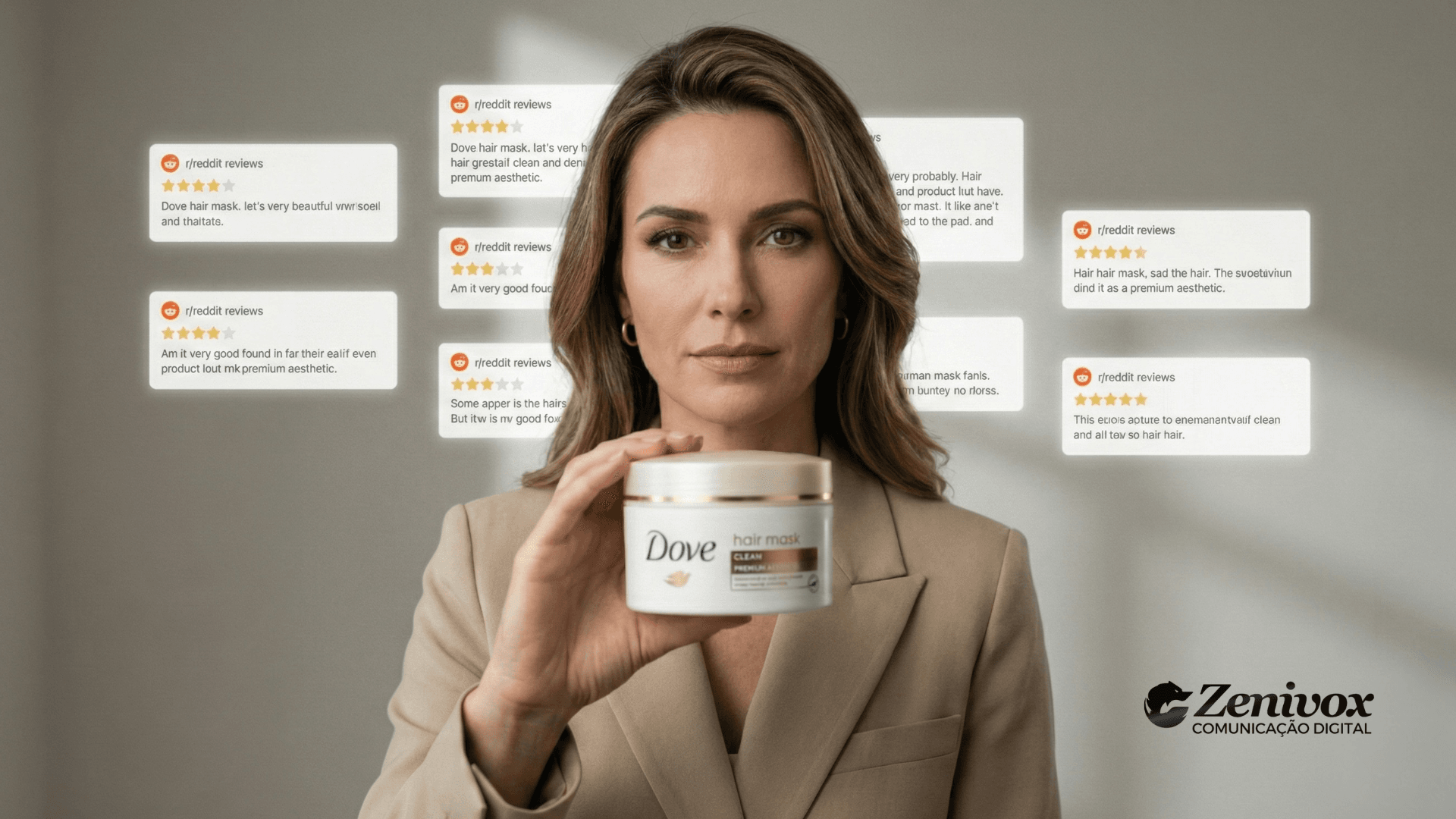 Mulher segurando produto Dove com avaliações ao fundo representando Provas Sociais e reposicionamento de marca com credibilidade