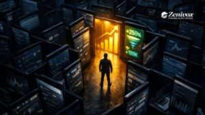 Empreendedor digital analisando métricas em um labirinto de telas para ser produtivo e não apenas ocupado