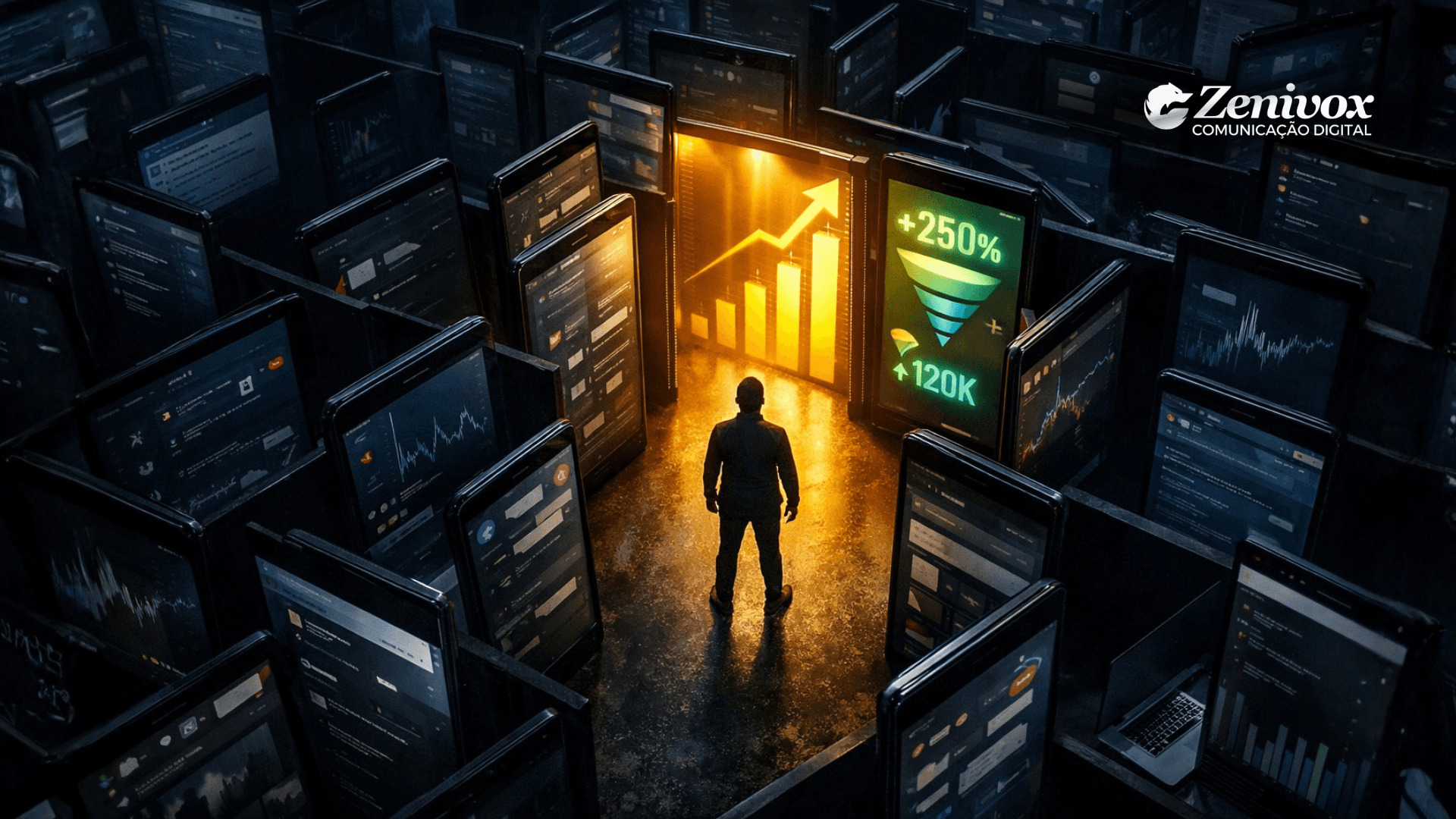 Empreendedor digital analisando métricas em um labirinto de telas para ser produtivo e não apenas ocupado