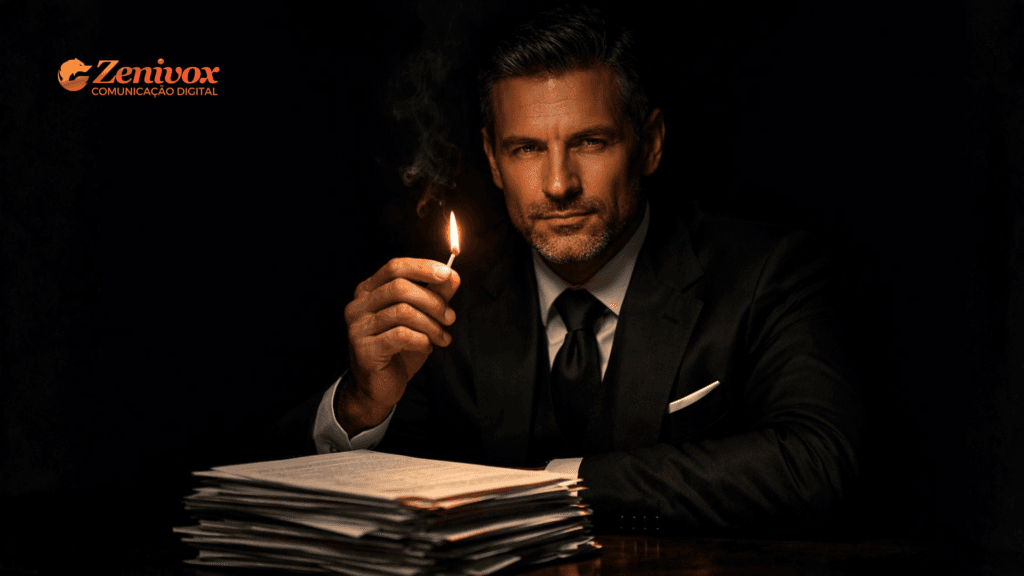 Empresário usando escassez estratégica para fechar negócio com contratos sobre a mesa em ambiente corporativo escuro