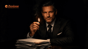 Empresário usando escassez estratégica para fechar negócio com contratos sobre a mesa em ambiente corporativo escuro