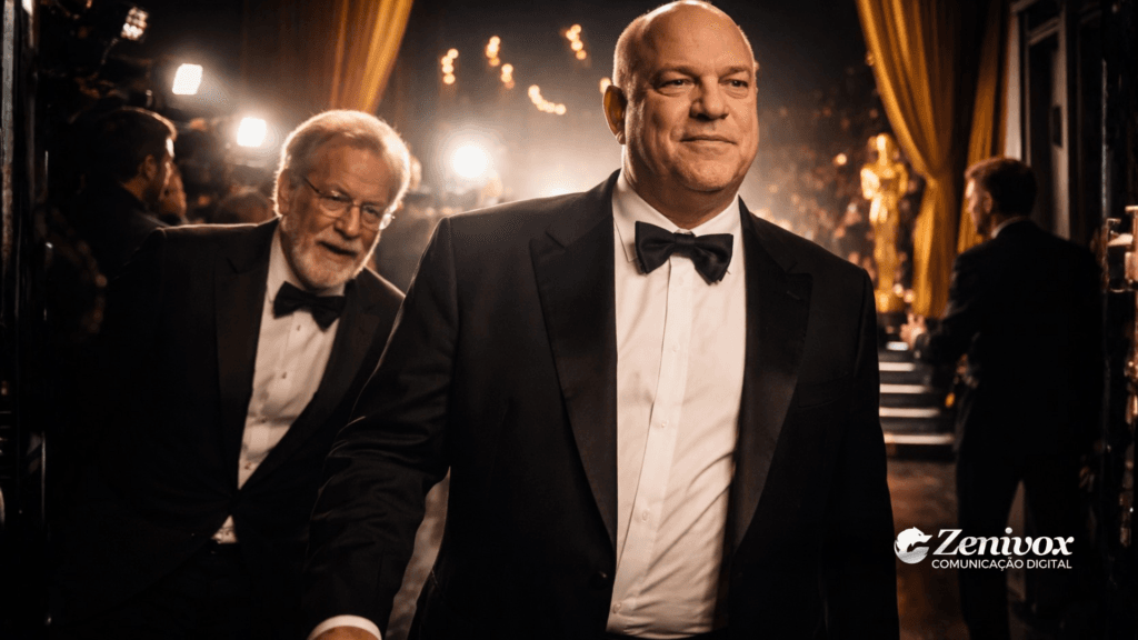 Cena cinematográfica nos bastidores do Oscar mostrando um executivo em traje de gala avançando com expressão confiante enquanto outro homem tenta acompanhá-lo ao fundo, representando marketing agressivo e a disputa invisível por influência e prestígio na premiação.