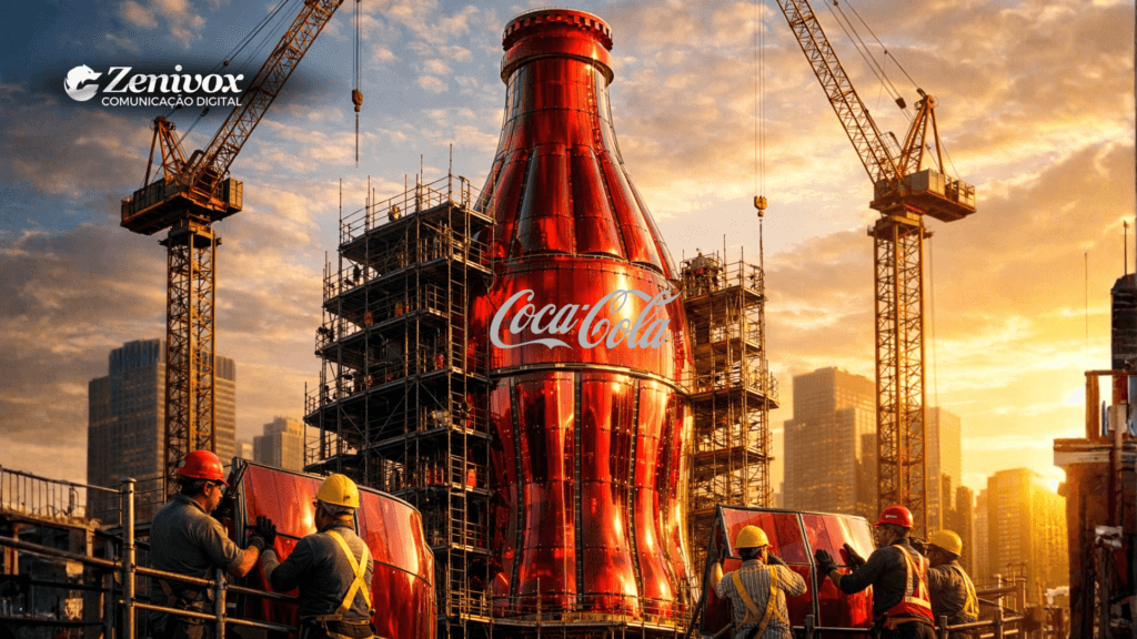 Propagandas da Coca-Cola com operários construindo uma garrafa gigante em obra, representando a construção estratégica de marca e publicidade icônica.
