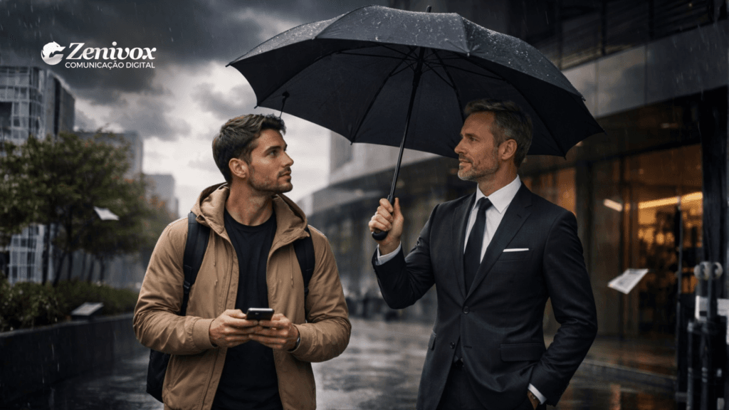 Venda assistida em ação: empresário experiente protege o cliente com guarda-chuva em meio à chuva urbana, simbolizando venda assistida como estratégia de orientação, confiança e crescimento sustentável nos negócios.