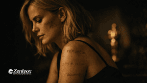 Mulher em clima cinematográfico e dramático, com olhar introspectivo e iluminação dourada ao fundo, representando narrativa pessoal como estratégia emocional para conquistar atenção e influência no Oscar.