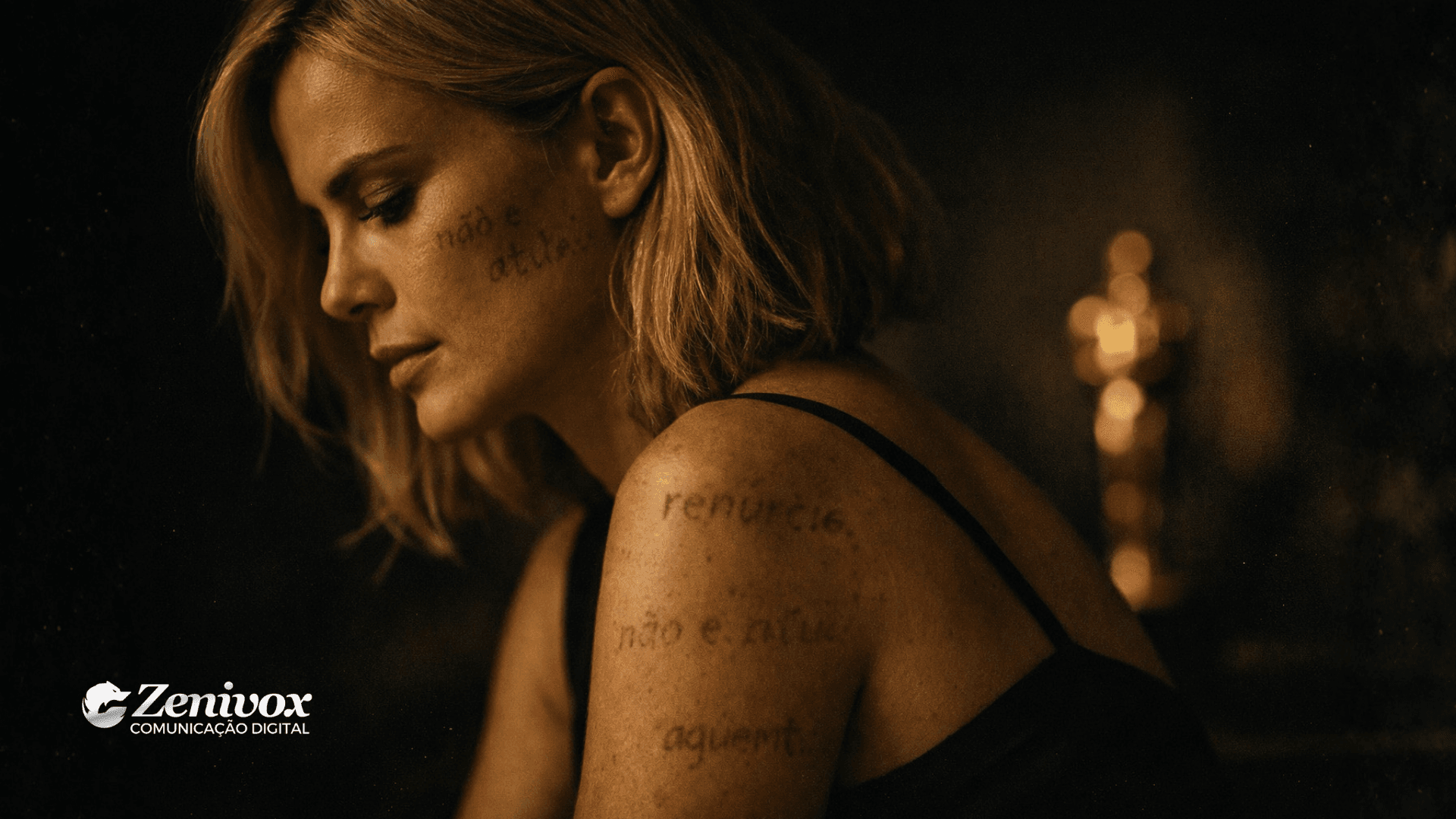 Mulher em clima cinematográfico e dramático, com olhar introspectivo e iluminação dourada ao fundo, representando narrativa pessoal como estratégia emocional para conquistar atenção e influência no Oscar.