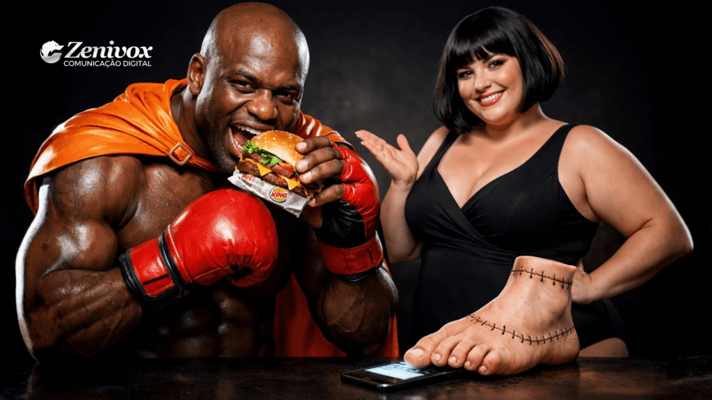 Cena criativa e exagerada usada como capa de ranking de propagandas engraçadas, mostrando humor visual extremo, contraste de personagens e abordagem irreverente típica das campanhas mais comentadas de 2025.