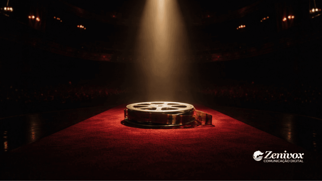 Visibilidade do Oscar representada por um rolo de filme iluminado por um holofote no tapete vermelho, simbolizando como quem domina a narrativa conquista atenção e destaque na premiação.