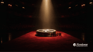 Visibilidade do Oscar representada por um rolo de filme iluminado por um holofote no tapete vermelho, simbolizando como quem domina a narrativa conquista atenção e destaque na premiação.