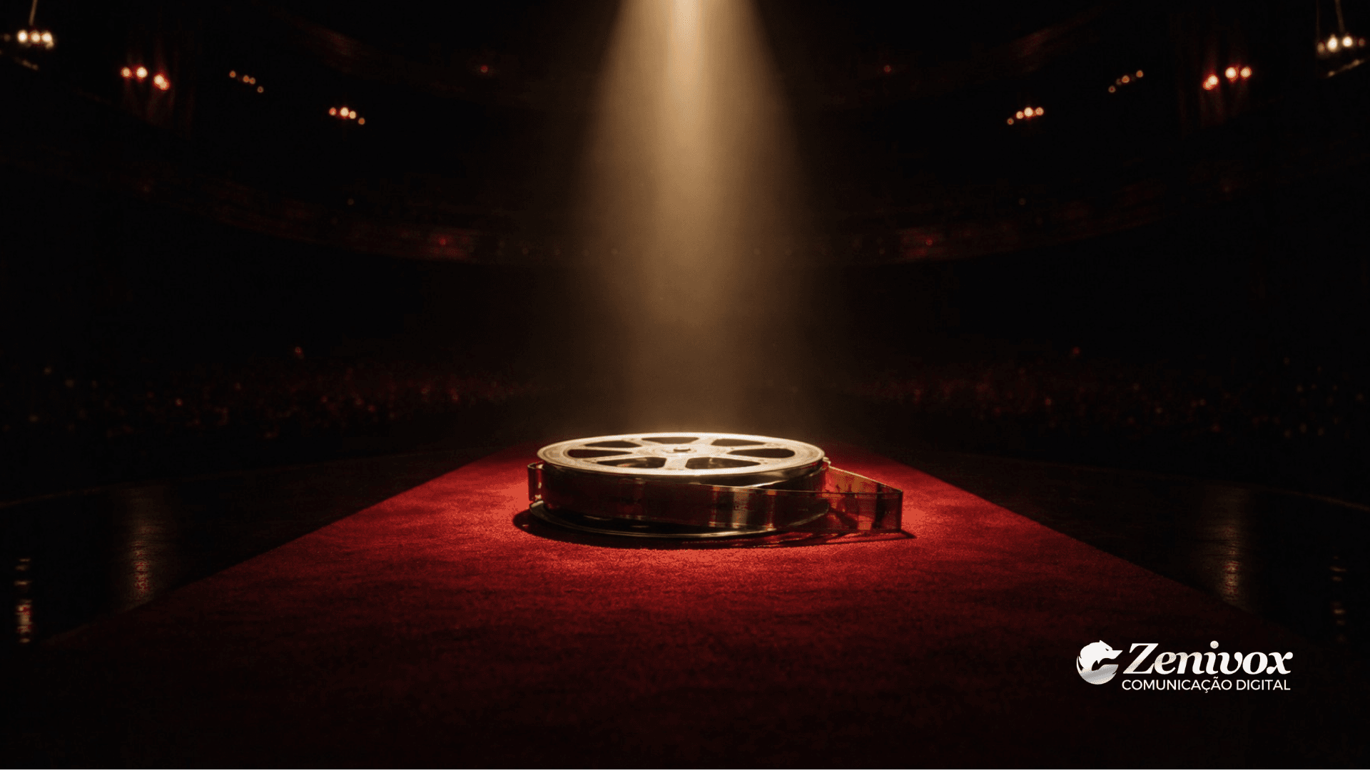 Visibilidade do Oscar representada por um rolo de filme iluminado por um holofote no tapete vermelho, simbolizando como quem domina a narrativa conquista atenção e destaque na premiação.