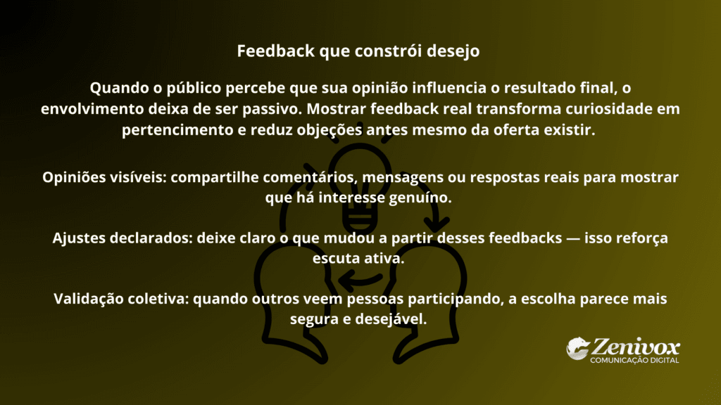 Arte educativa sobre feedback que constrói desejo, destacando comentários reais, ajustes declarados e validação coletiva como estratégia de persuasão, trazendo dicas de vendas inspiradas no Oscar para aumentar interesse e reduzir objeções.