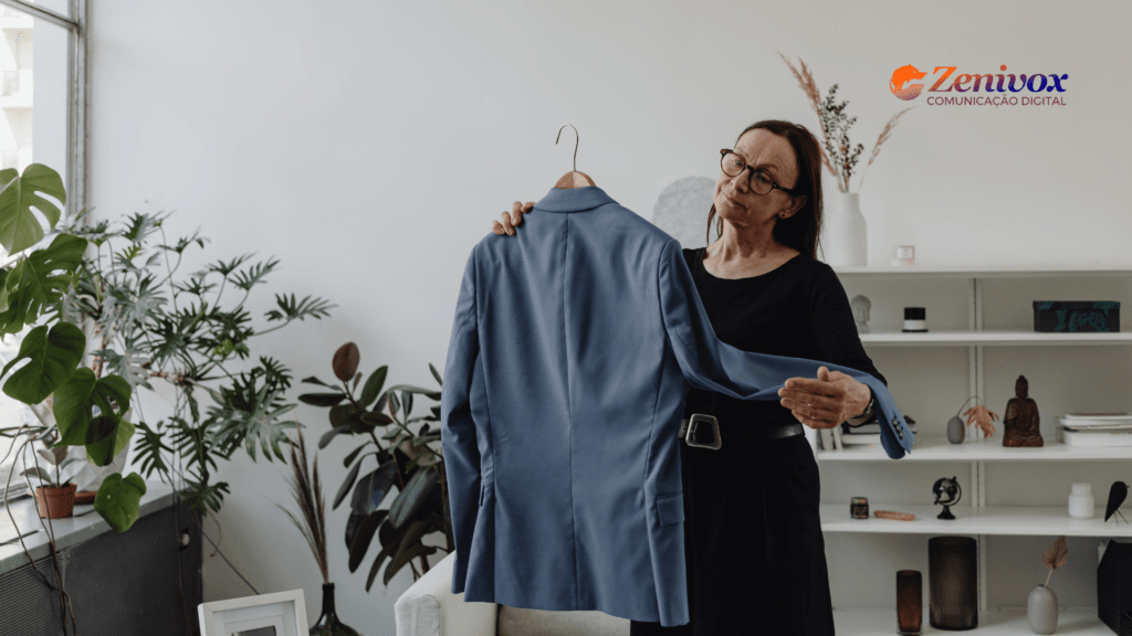 Mulher analisando blazer em ambiente residencial representando empreendedorismo em casa no setor de moda e confecção