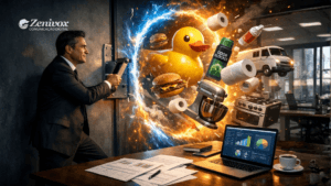 Executivo abrindo um portal com produtos inusitados e cenário caótico ao redor, ilustrando uma estratégia de mercado estranha que desafia padrões tradicionais e cria novas oportunidades.