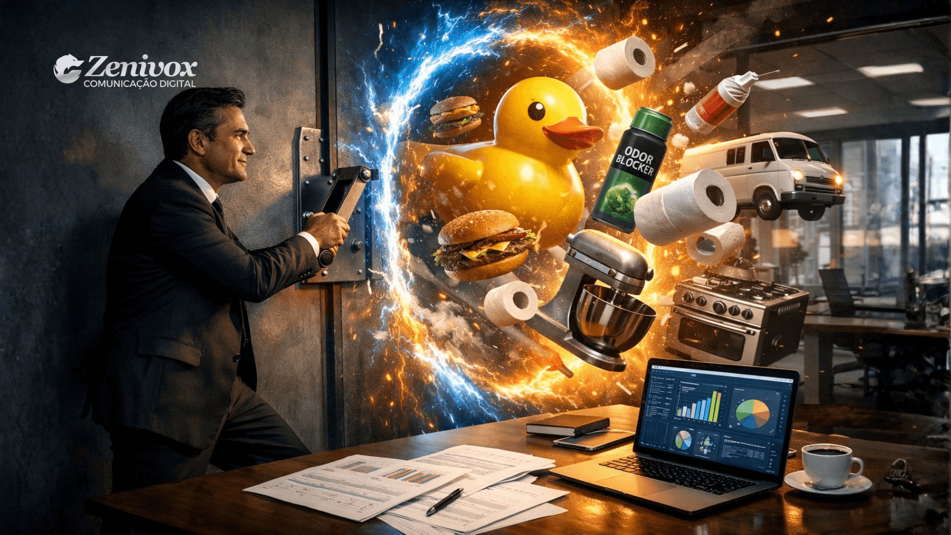 Executivo abrindo um portal com produtos inusitados e cenário caótico ao redor, ilustrando uma estratégia de mercado estranha que desafia padrões tradicionais e cria novas oportunidades.