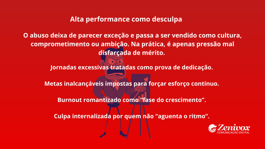 Slide em fundo vermelho com o título “Alta performance como desculpa” e bullets sobre jornadas excessivas, metas inalcançáveis e burnout romantizado, mostrando como o marketing agressivo transforma abuso em cultura e pressão em mérito.