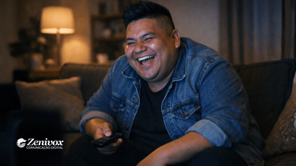 Pessoa rindo enquanto assiste a propagandas engraçadas na televisão, representando o impacto do humor no engajamento, memorização da marca e entretenimento do público.
