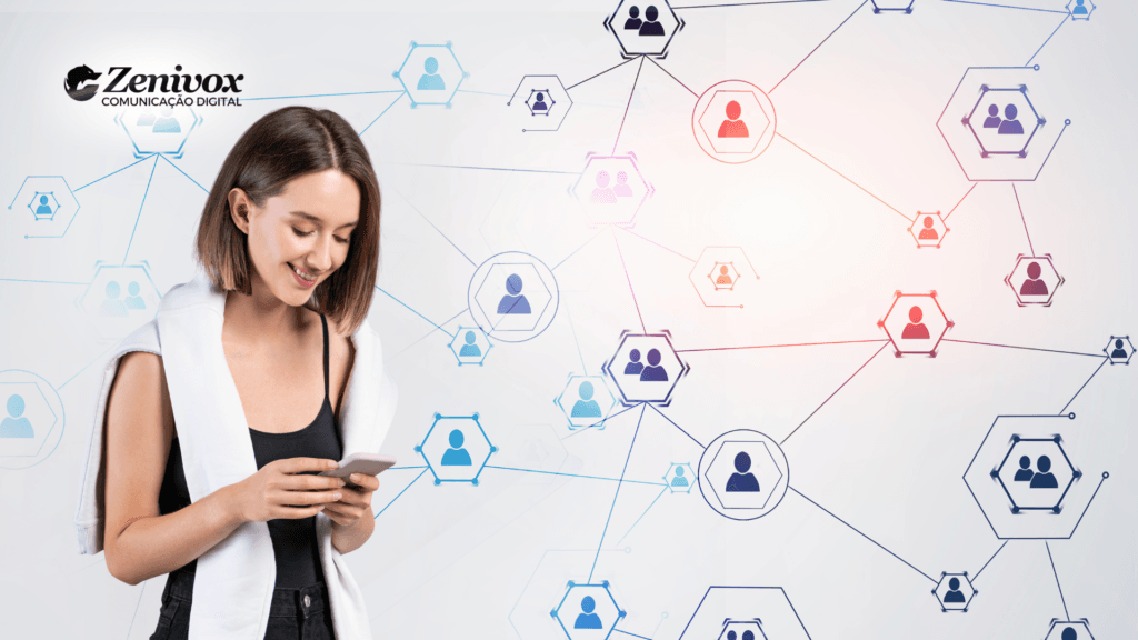 Mulher usando celular com rede de conexões ao fundo representando Provas Sociais e influência digital na decisão de compra