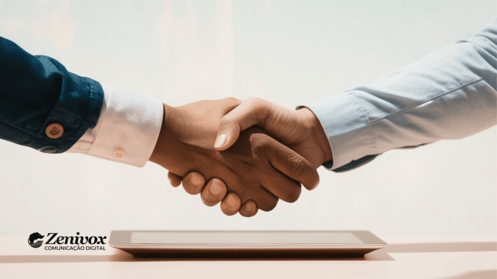 Aperto de mãos simbolizando acordo comercial e estratégia para fechar negócio com confiança e parceria
