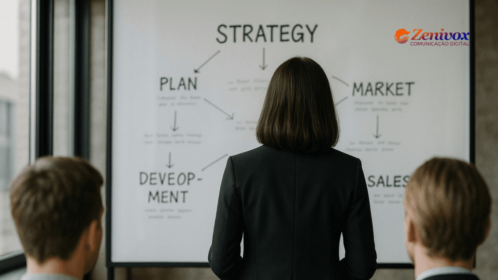 Profissional analisando quadro de planejamento estratégico com foco em estratégia de mercado estranha aplicada a posicionamento, vendas e desenvolvimento.