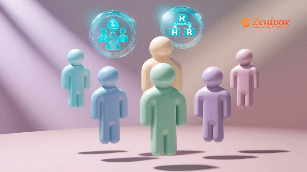 Ilustração 3D minimalista com bonecos coloridos representando equipe e liderança, com ícones digitais de RH ao fundo, simbolizando gerenciamento de pessoas no ambiente corporativo.