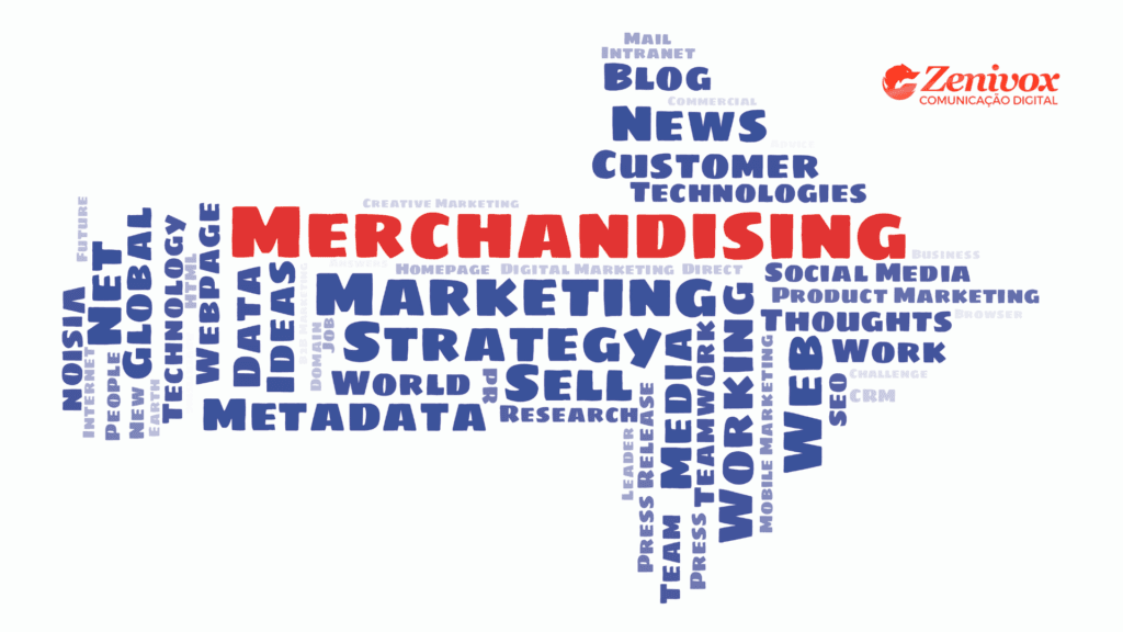 Nuvem de palavras destacando merchandising em vermelho ao centro, cercado por termos como marketing, strategy, branding, web e media, representando o conceito de merchandising no contexto digital.
