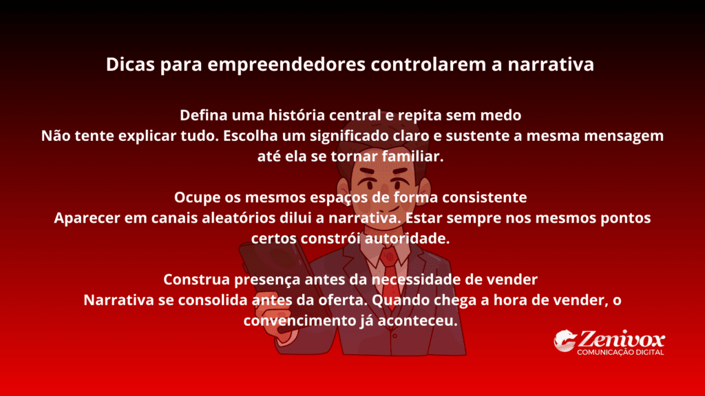 Visibilidade do Oscar aplicada aos negócios: slide com dicas para empreendedores controlarem a narrativa, reforçando que consistência, repetição e presença estratégica criam autoridade antes da venda.