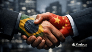 Aperto de mãos entre representantes do Brasil e da China simbolizando Negócio da China, parceria estratégica e atração de investimentos internacionais entre os dois países.