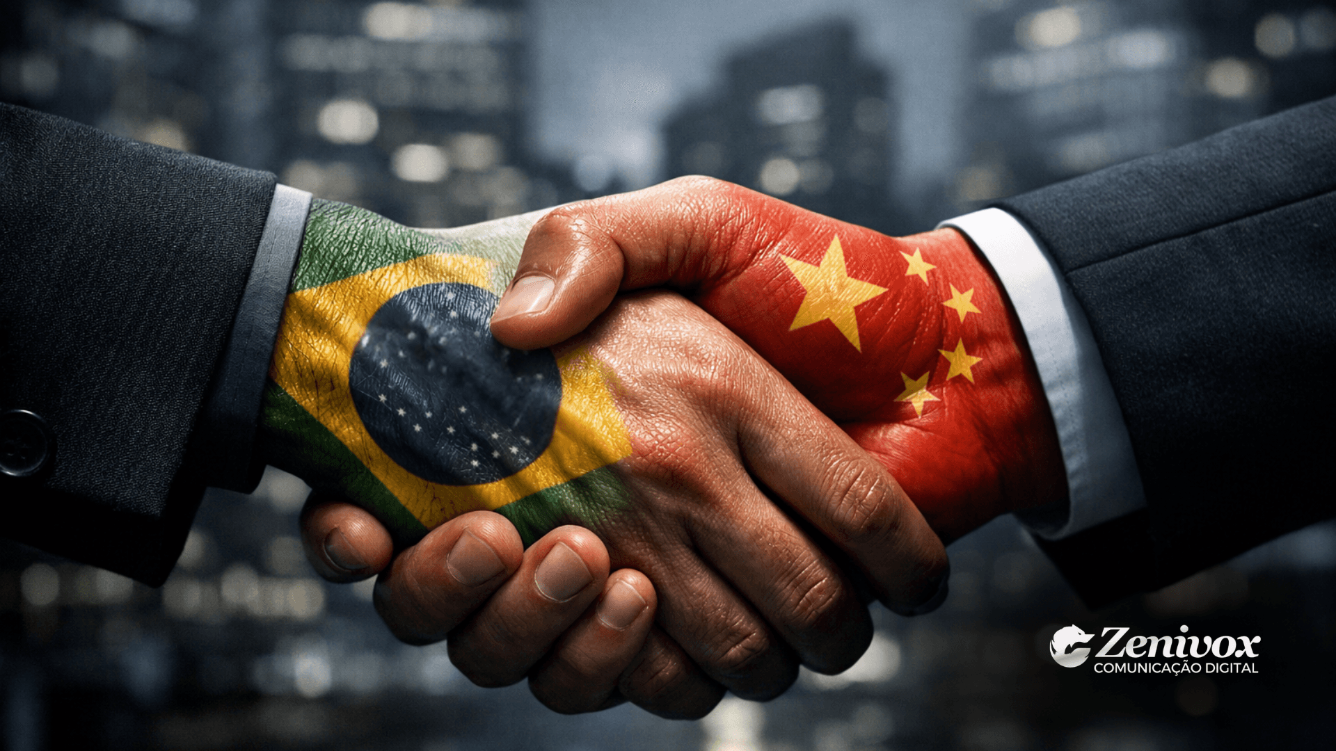 Aperto de mãos entre representantes do Brasil e da China simbolizando Negócio da China, parceria estratégica e atração de investimentos internacionais entre os dois países.