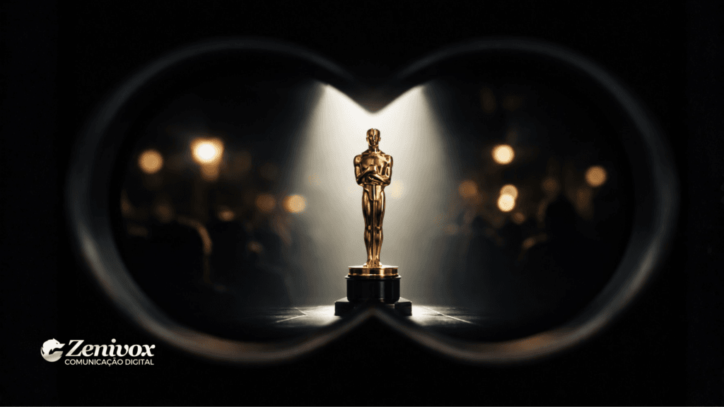 Visibilidade do Oscar simbolizada por uma estatueta dourada sendo observada através de um binóculo, mostrando que quem é visto domina a atenção e controla a narrativa da premiação.