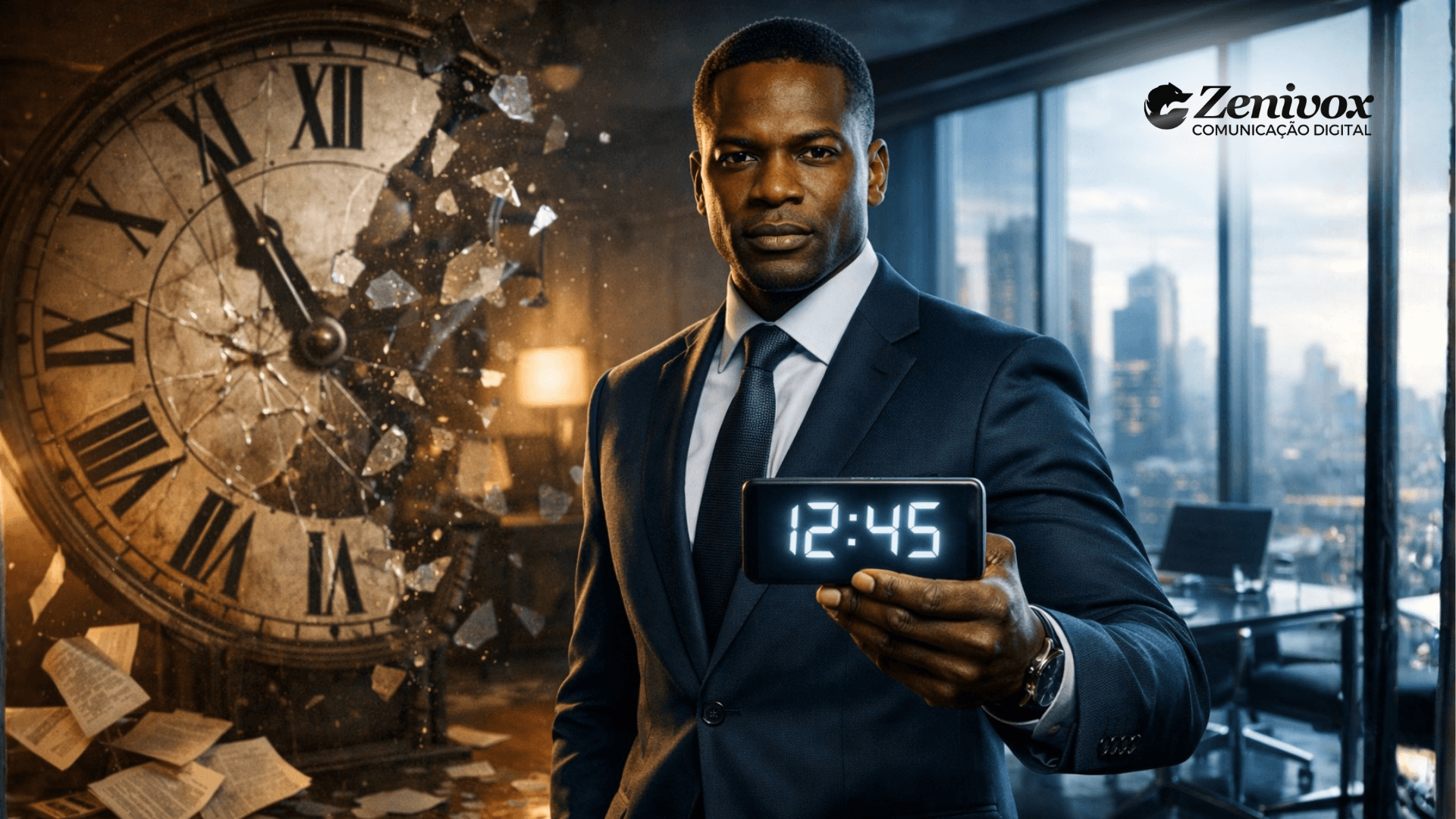 Gestão ágil no ambiente corporativo: executivo segurando um relógio digital enquanto um relógio antigo se quebra ao fundo, simbolizando mudança de mentalidade e execução rápida.