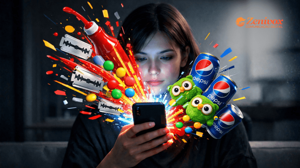 Mulher olhando para o celular enquanto produtos e marcas explodem da tela em uma cena caótica, representando exemplos de merchandising bizarro e inserções exageradas nos últimos anos.