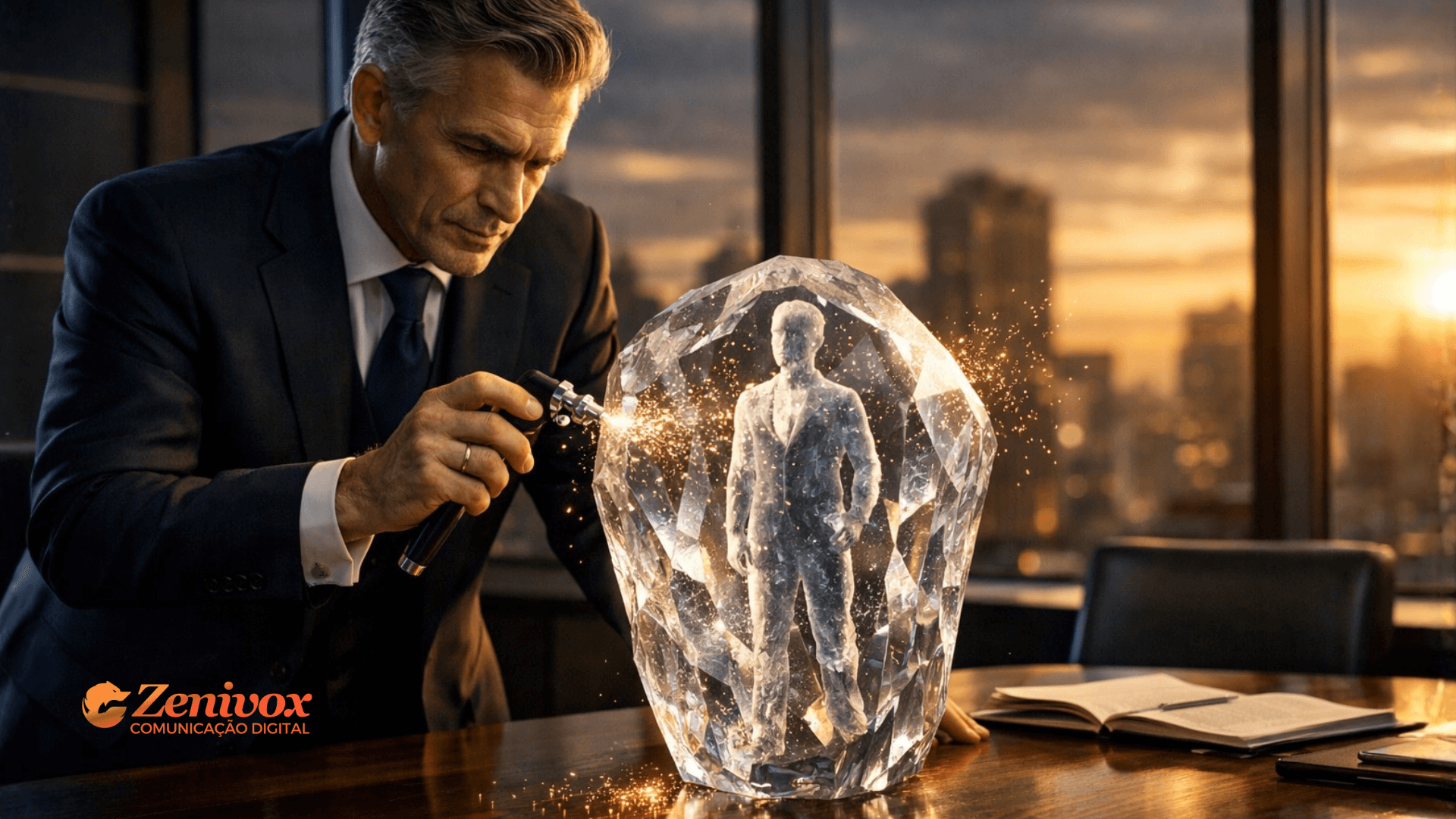 Relacionamento interpessoal: chefe dando feedback e lapidando simbolicamente um diamante que representa o desenvolvimento profissional no ambiente corporativo.