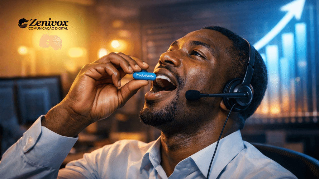 Vendedor interno tomando cápsula de produtividade para aumentar performance e destravar o potencial de vendas no ambiente corporativo