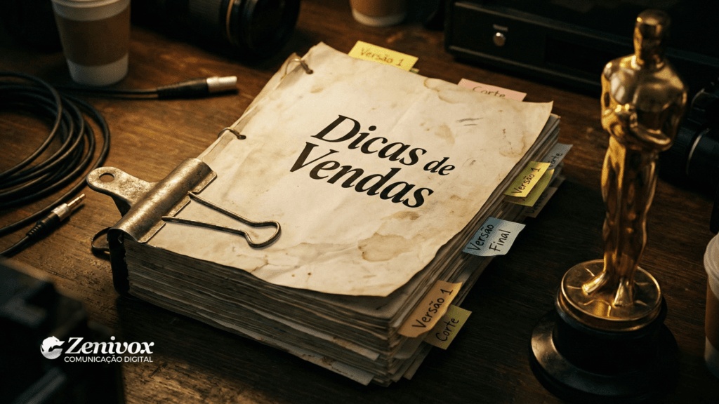 Roteiro com anotações e troféu, representando dicas de vendas inspiradas no Oscar para estratégias comerciais.