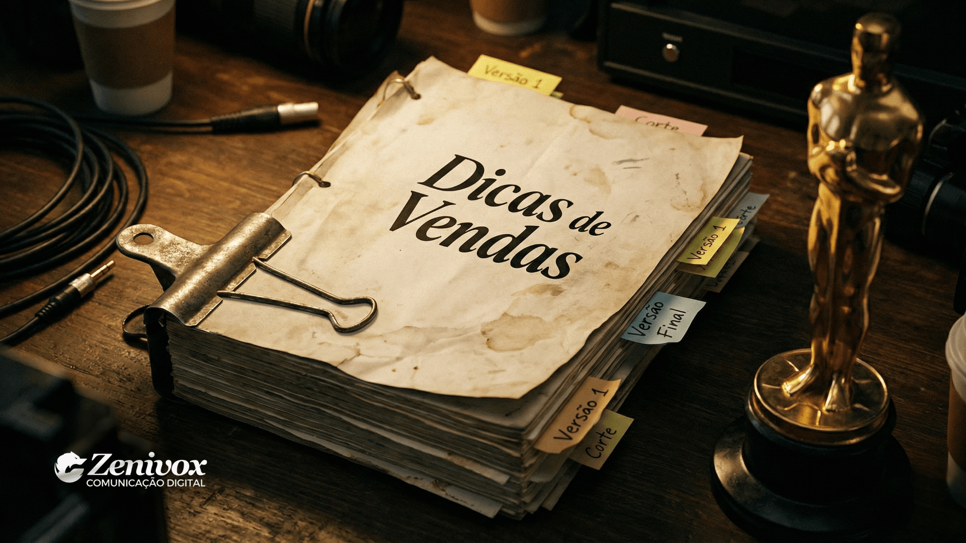 Roteiro com anotações e troféu, representando dicas de vendas inspiradas no Oscar para estratégias comerciais.