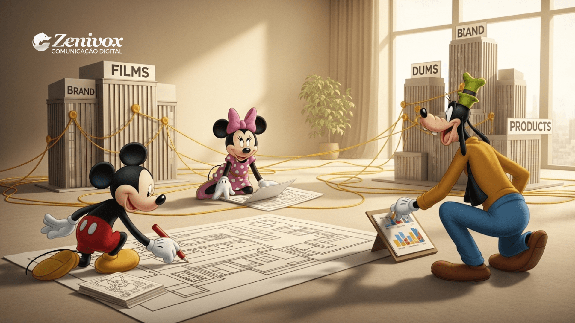 Estratégia publicitária da Disney mostrando personagens clássicos planejando campanhas de brand, filmes e produtos