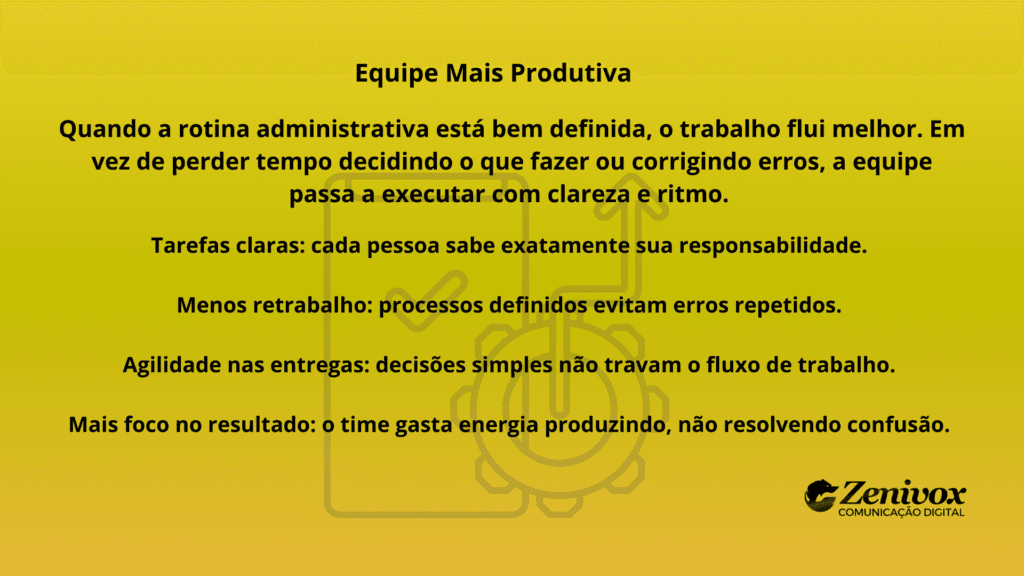 Infográfico sobre como o gestor administrativo melhora a produtividade da equipe ao organizar e estruturar a rotina administrativa da empresa.