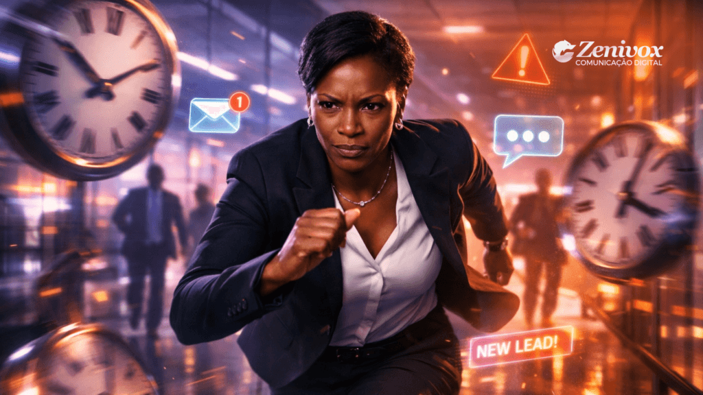 Empresária correndo em ambiente corporativo com alertas e relógios ao redor, representando a importância do tempo de resposta para gerar leads e aumentar lucros