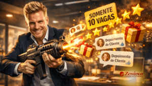Ilustração de vendedor usando uma metralhadora que dispara símbolos de marketing representando gatilhos de vendas, como depoimentos de clientes, avaliações positivas, brindes e a mensagem “somente 10 vagas”.