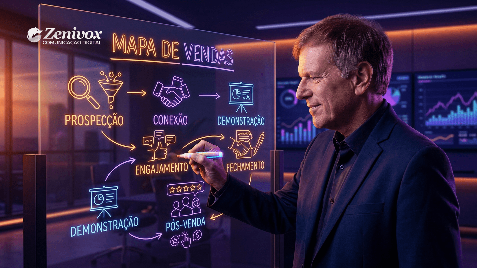 Bom vendedor Ciro Bottini apresentando método de vendas com etapas de prospecção, conexão, demonstração e fechamento