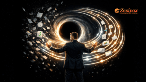 Empresário organizando tarefas ao redor de um fluxo contínuo enquanto um buraco negro representa gargalos — ilustração de como mapear um processo sem complicar agora mesmo