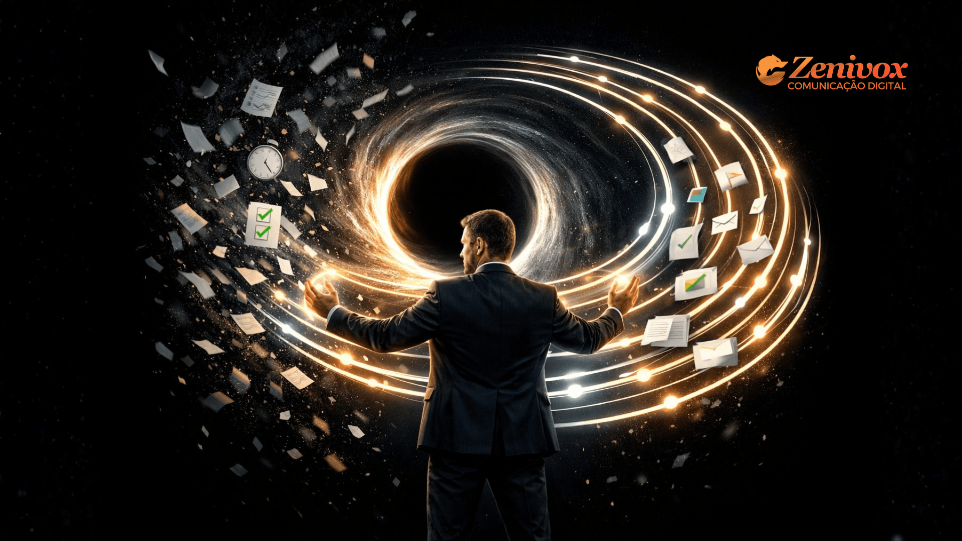 Empresário organizando tarefas ao redor de um fluxo contínuo enquanto um buraco negro representa gargalos — ilustração de como mapear um processo sem complicar agora mesmo