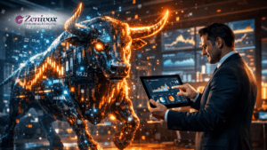 Empresário analisando um dashboard em tablet enquanto controla um grande touro digital formado por gráficos e dados, metáfora de dominar indicadores e tomar decisões estratégicas no negócio.