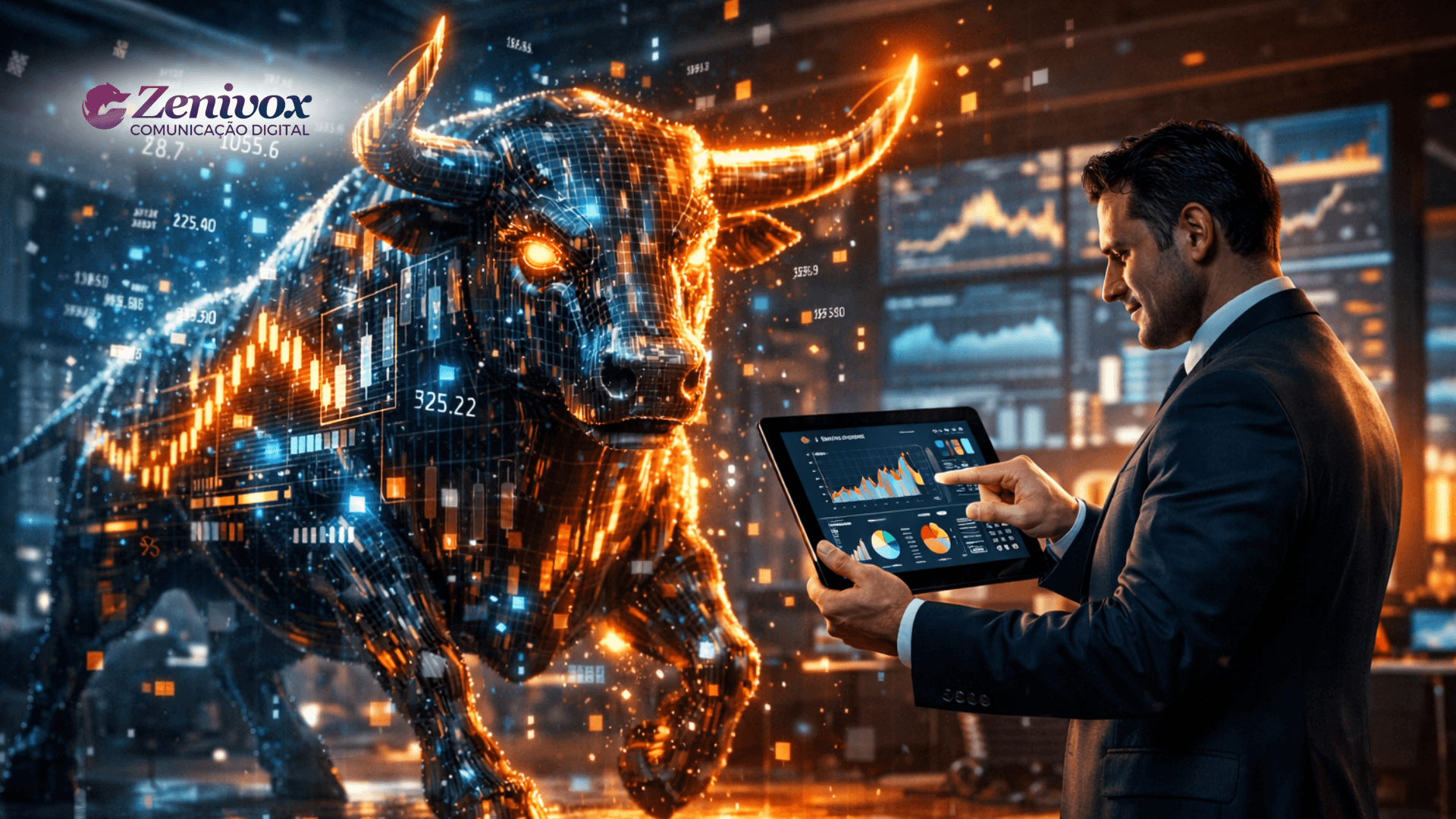 Empresário analisando um dashboard em tablet enquanto controla um grande touro digital formado por gráficos e dados, metáfora de dominar indicadores e tomar decisões estratégicas no negócio.