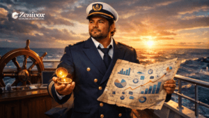 Dono de empresa no comando de um navio segurando bússola e mapa estratégico, representando o dilema entre ser líder ou gestor nos negócios.
