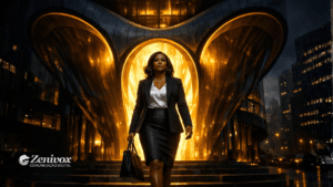 Empreendedor nato caminhando confiante sob luz intensa em cenário urbano moderno, representando liderança e pressão nos negócios.